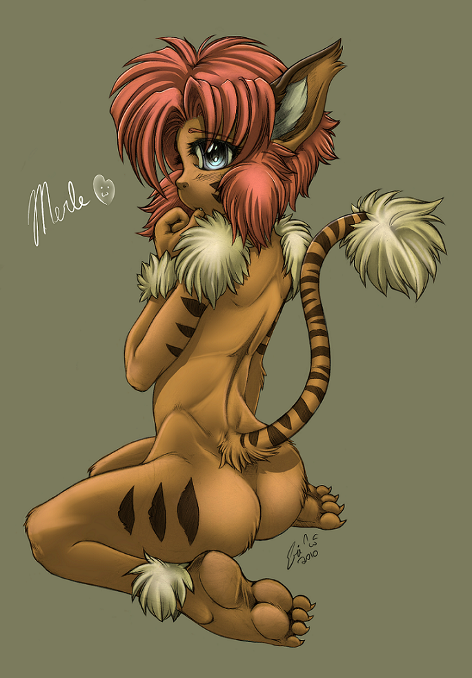 4_toes ankle_tuft anthro arm_tuft bangs blue_eyes brown_body brown_fur brown_markings brown_stripes butt claws eye_through_hair eyebrow_through_hair eyebrows feet female female_anthro finger_in_mouth fingers fur hair hindpaw humanoid_face inner_ear_fluff leg_tuft long_tail markings medium_hair nude nude_anthro nude_female paws pink_eyebrows pink_hair plantigrade shoulder_tuft sitting solo striped_body striped_fur striped_markings striped_tail stripes tail tail_markings tail_tuft three-quarter_view thumb_in_mouth toe_claws toes translucent translucent_hair tuft wariza white_body white_fur white_inner_ear_fluff white_tail_tuft wrist_tuft mokabur escaflowne vision_of_escaflowne merle_(escaflowne) domestic_cat felid feline felis mammal 2010 dated full-length_portrait portrait