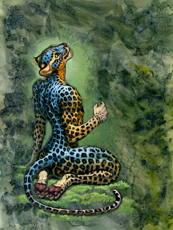 4_toes 5_fingers anthro feet fingers fur kneeling male markings nude smile solo spots spotted_body spotted_fur tail toes hibbary felid leopard mammal pantherine 2023 traditional_media_(artwork)