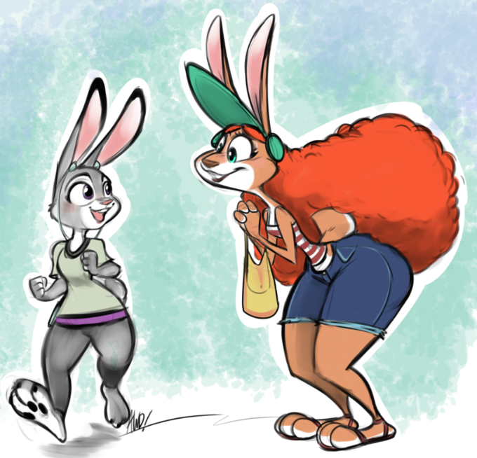 anthro blue_earbuds blue_headphones bottomwear buckteeth clothing duo earbuds electronics female footwear fur grey_body grey_fur hair hat headgear headphones headwear long_ears monotone_earbuds monotone_headphones pants red_hair sandals shoes shorts size_difference teeth wide_hips disney inner_workings zootopia judy_hopps lagomorph leporid mammal rabbit crossover