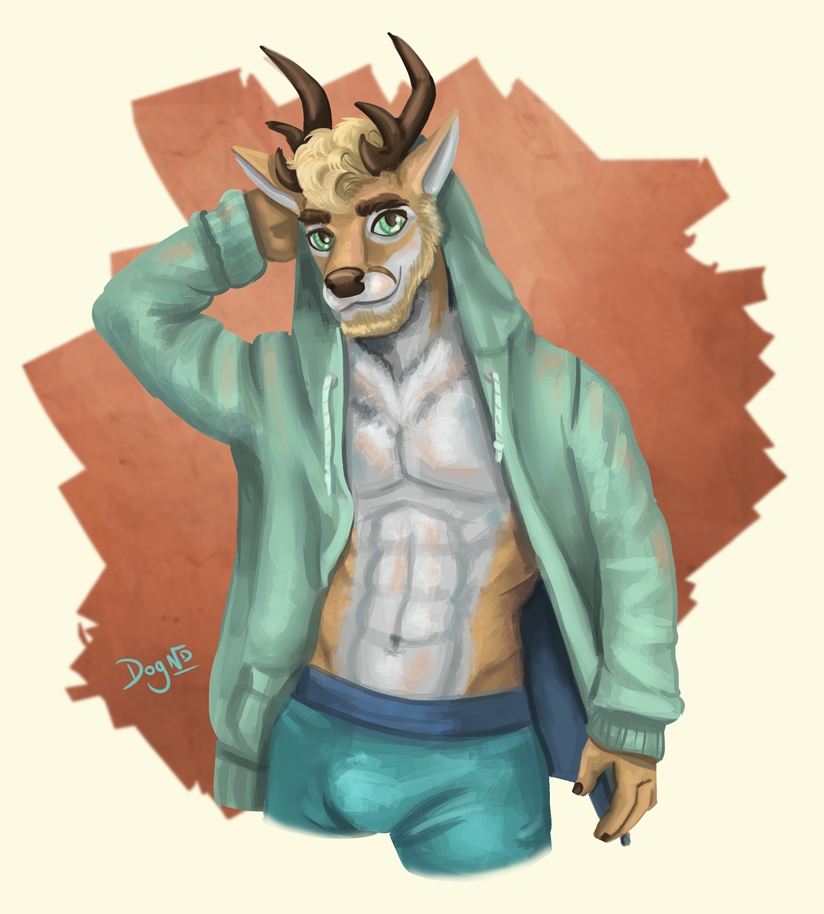 abs anthro antlers bulge clothed clothing horn jacket looking_at_viewer male navel open_clothing open_jacket open_topwear simple_background smile solo topwear dognextdoor deer mammal