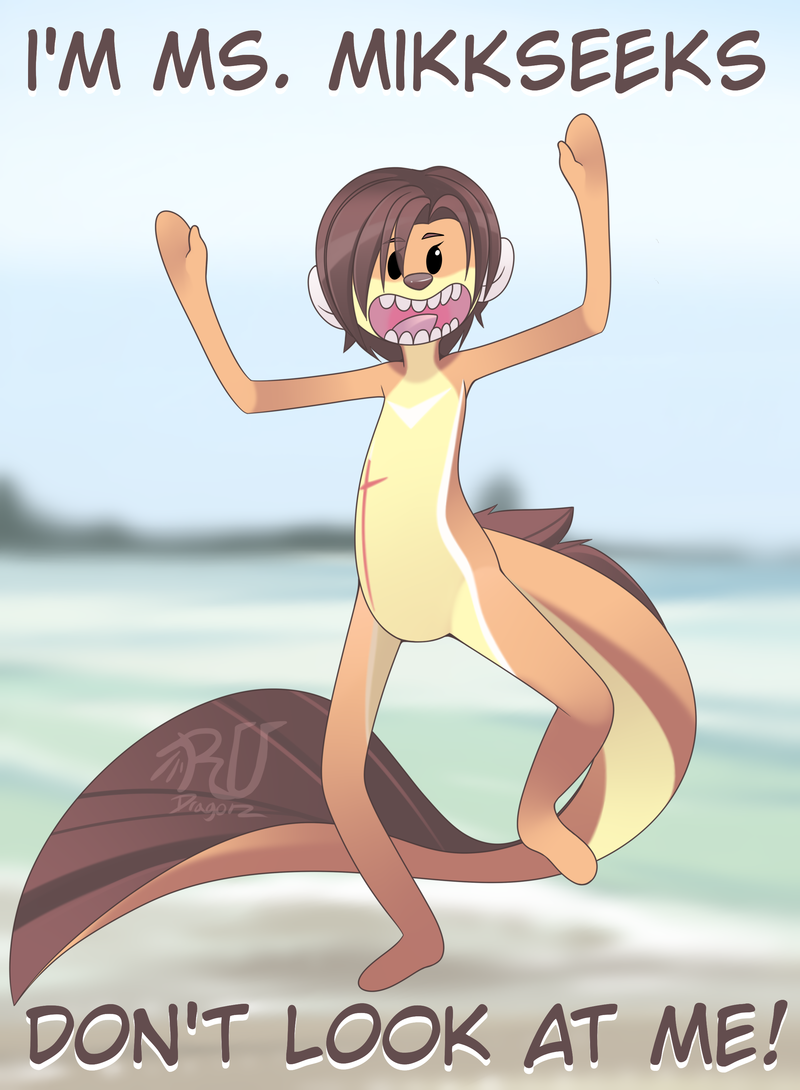 anthro beach brown_hair featureless_chest featureless_crotch female hair nude open_mouth outside seaside solo standing tail teeth text why rudragon adult_swim cartoon_network rick_and_morty mikhaila_kirov mr_meeseeks mammal mustelid otter 2018 english_text