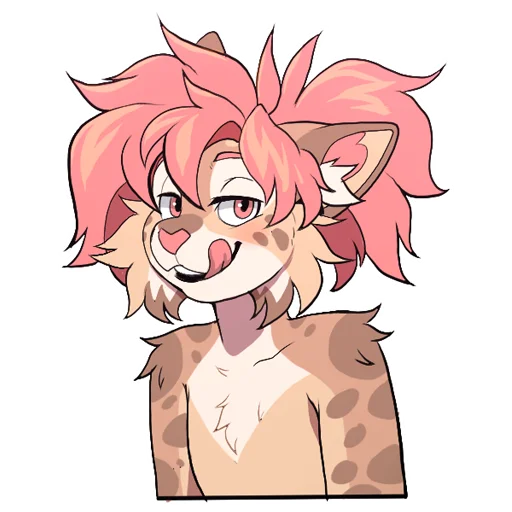 anthro blush brown_body brown_fur femboy fur hair male nude pink_eyes pink_hair pink_nose solo spots telegram_sticker tongue tongue_out white_body white_fur aycee avery_(roanoak) felid feline lynx mammal 1:1 alpha_channel digital_media_(artwork)