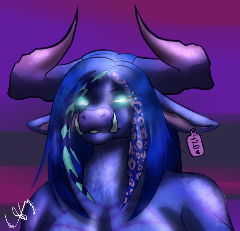 anthro coontail_hair ear_piercing ear_tag fur glowing glowing_eyes herm horn intersex piercing purple_body purple_fur simple_background solo tusks lofinebulae breeders_of_the_nephelym european_mythology greek_mythology mythology unnamed_character_(lofinebulae) bovid bovine dragon mammal minotaur mythological_creature mythological_scalie scalie surabhi_(breeders_of_the_nephelym) bust_portrait portrait