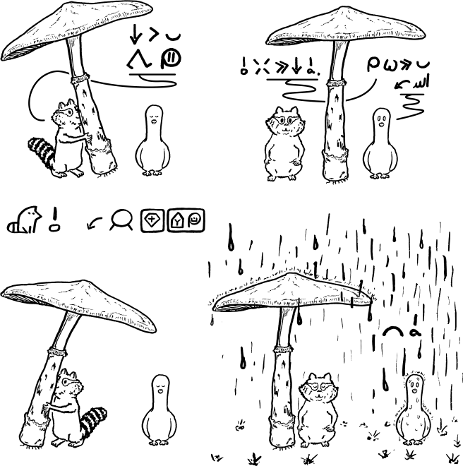 4_panel_comic ambiguous_gender dialogue duo feral fungus giant_mushroom humor mushroom raining semi-anthro text jan_ke_tami cc-by creative_commons kijetesantakalu_o kijetesantakalu_(kijetesantakalu_o) waso_(kijetesantakalu_o) avian bird columbid mammal pigeon procyonid raccoon artist_name comic constructed_language monochrome sitelen_pona toki_pona_text translated