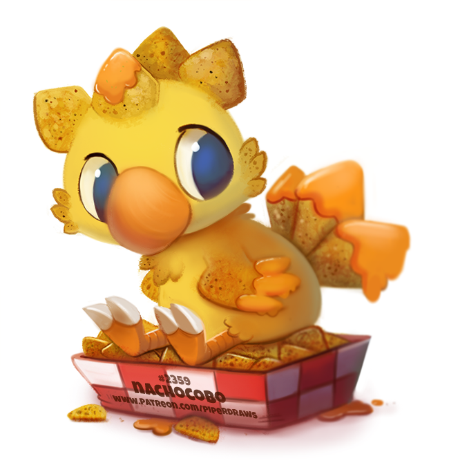 ambiguous_gender blue_eyes box cheese chips_(food) claws container dairy_products feathered_wings feathers feral food humor nachos pun simple_background solo visual_pun white_background wings yellow_body yellow_feathers piper_thibodeau final_fantasy square_enix avian chocobo food_creature digital_media_(artwork) digital_painting_(artwork)