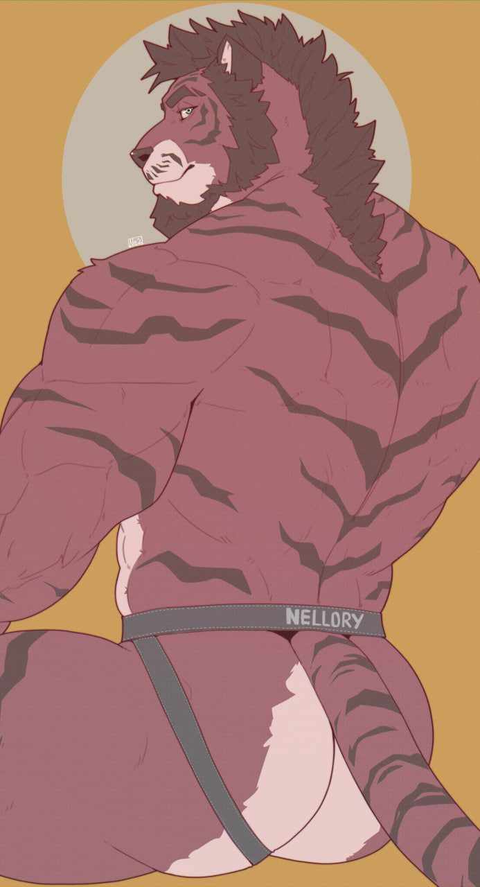 anthro beard blue_eyes clothed clothing eyebrows facial_hair hair jockstrap jockstrap_only looking_back male mature_anthro mature_male mohawk muscular muscular_anthro muscular_male rear_view short_hair sitting solo stripes tail thick_eyebrows thick_thighs topless topless_anthro topless_male underwear underwear_only mr_nellory felid mammal pantherine tiger digital_drawing_(artwork) digital_media_(artwork) hi_res watermark