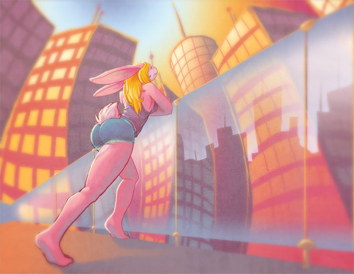 anthro apartment butt city cityscape female outside sky solo trading_card_game walkway zhivago_(artist) furoticon lily_tyla