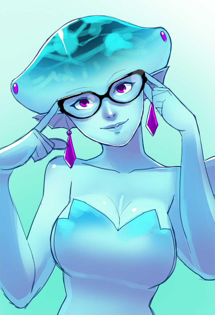 blue_body blue_skin breasts cleavage clothed clothing ear_piercing eyewear female glasses lips looking_at_viewer piercing purple_eyes solo greenmarine hyrule_warriors nintendo ocarina_of_time the_legend_of_zelda princess_ruto animal_humanoid fish fish_humanoid humanoid marine marine_humanoid zora