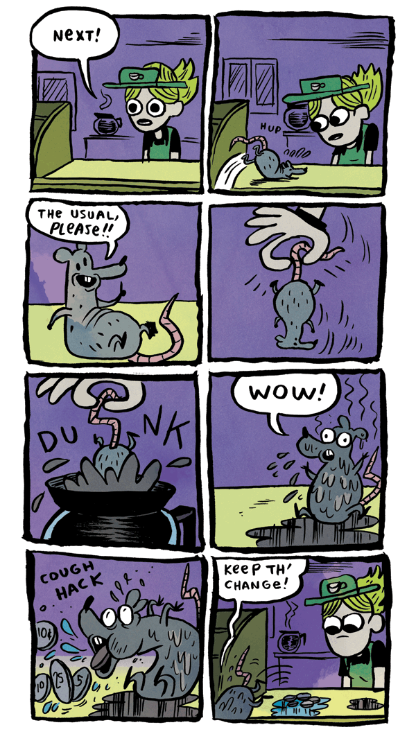 8_panel_comic ambiguous_gender beverage black_text bodily_fluids border clothing coffee coffee_pot coffee_shop coin counter dialogue duo female feral hand_on_tail holding_by_tail humor motion_lines puddle purple_background saliva simple_background size_difference sound_effects speech_bubble steam sweat sweatdrop tail text uniform vomiting_coins white_border kc_green gunshowcomic human mammal murid murine rat rodent 2012 comic english_text handwritten_text