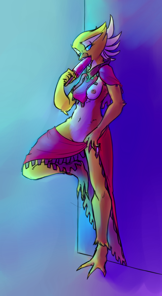 anthro beak blue_eyes breasts clothing feathers female food leaning licking looking_at_viewer nipples non-mammal_breasts non-mammal_nipples open_mouth popsicle pose smile solo tongue tongue_out undressing sildre starbound avian avian_(starbound) bird