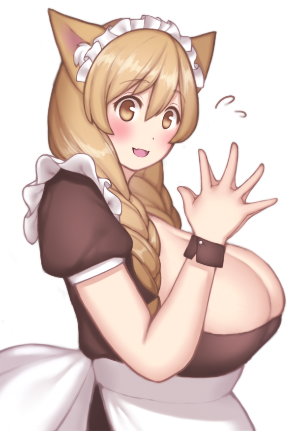 accessory apron big_breasts black_clothing black_topwear blonde_hair blush braided_hair braided_ponytail breasts cleavage clothed clothing cuff_(restraint) female hair hair_accessory hairband hands_together huge_breasts inner_ear_fluff light_body light_skin looking_at_viewer maid_uniform open_mouth open_smile pigtails ponytail restraints shirt_cuffs side_view simple_background smile solo standing topwear tuft uniform white_background white_clothing wrist_cuffs yellow_eyes mog_(artist) animal_humanoid cat_humanoid felid felid_humanoid feline feline_humanoid humanoid mammal mammal_humanoid