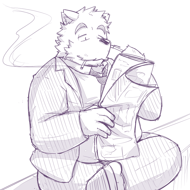 anthro bottomwear clothing kemono male newspaper overweight overweight_anthro overweight_male pants reading shirt sitting smoking solo topwear emufu canid canine canis domestic_dog mammal 1:1 2014