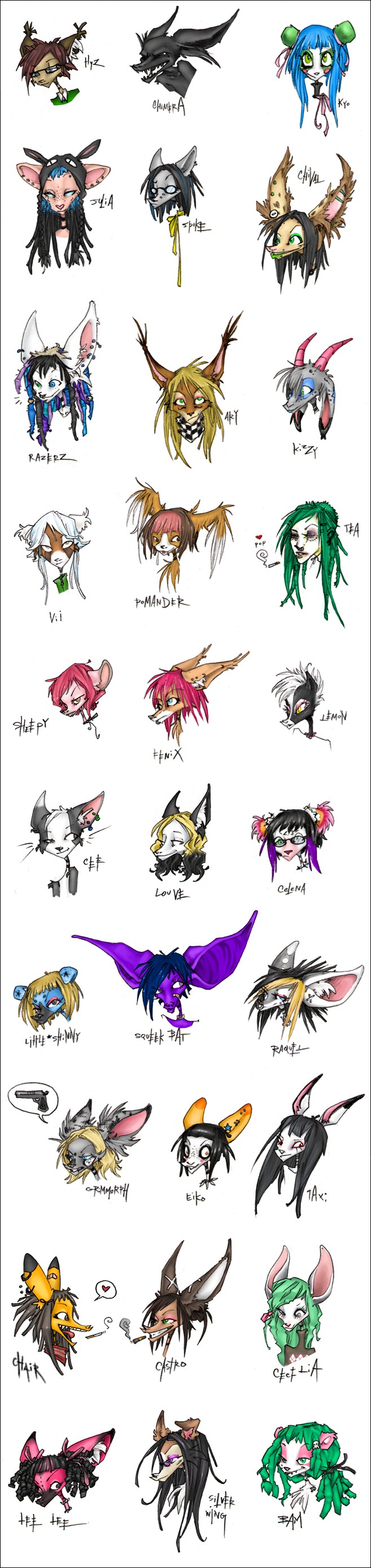 female group heterochromia charmaine_verhagen rat-a-tat-tat chair_(character) grimmorph_(character) leelee_(pink_fox) luve razerz silverwing ailurid bear bovid canid canine canis caprine caracal caracal_(genus) chimera crux demon domestic_dog felid feline fennec_fox fox giant_panda goat human hybrid lynx mammal mephitid red_panda rodent skunk true_fox absurd_res hi_res long_image tall_image