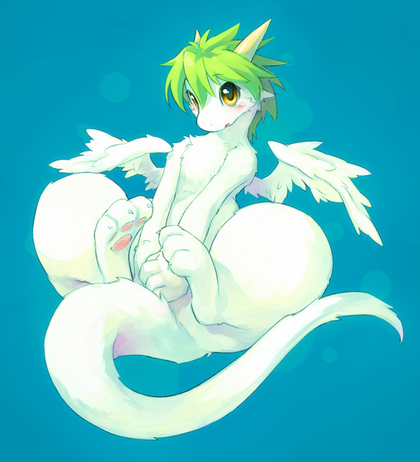 3_toes ambiguous_gender anthro blush claws feathered_wings feathers feet green_hair hair horn looking_at_viewer open_mouth pawpads solo tail toes white_body wings ouka mythology dragon mythological_creature mythological_scalie scalie 2010 japanese_description