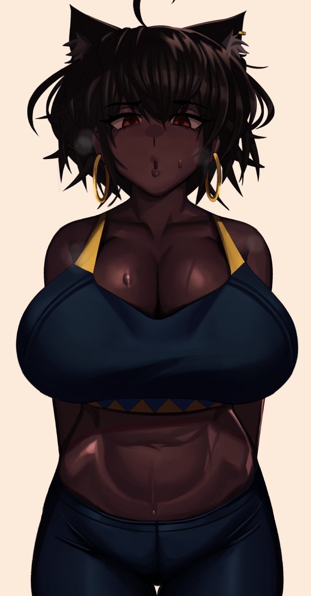 big_breasts blush bodily_fluids breasts brown_hair cleavage clothed clothing dark_body dark_skin ear_piercing ear_ring female hair piercing red_eyes ring_piercing solo sweat kevbot animal_humanoid cat_humanoid felid felid_humanoid feline feline_humanoid humanoid mammal mammal_humanoid hi_res