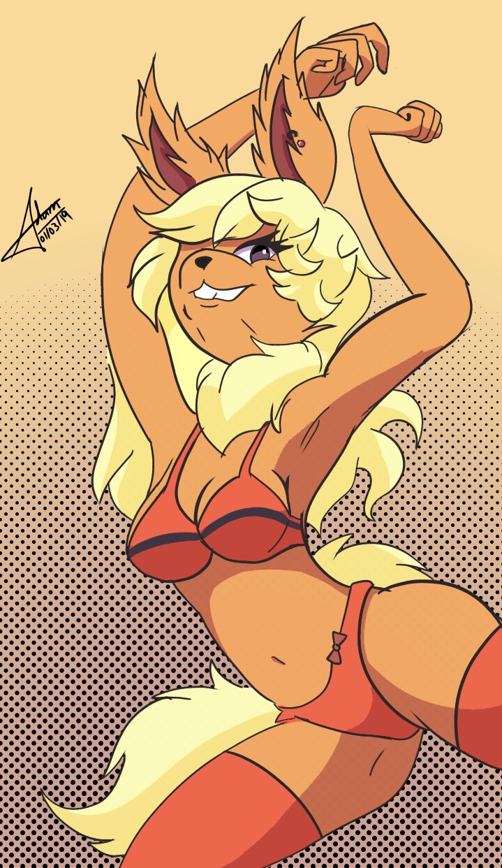 anthro black_nose blonde_hair bra clothing ear_piercing ear_ring female fluffy fluffy_ears fluffy_tail fur hair legwear long_ears long_hair long_tail neck_tuft one_eye_obstructed orange_body orange_fur panties piercing red_clothing red_underwear ring_piercing simple_background solo stockings tail tuft underwear godrickcanario nintendo pokemon koriand_wildfire eeveelution flareon generation_1_pokemon pokemon_(species) 2019 hi_res signature