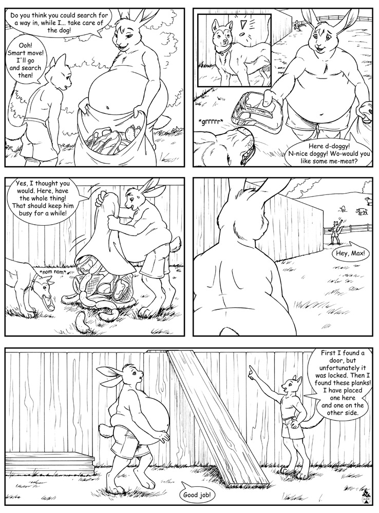 ambiguous_gender anthro belly big_belly dialogue duo eating feral huge_belly male obese overweight tail text duo_radon max_longear canid canine canis domestic_dog lagomorph leporid mammal rabbit black_and_white comic english_text monochrome