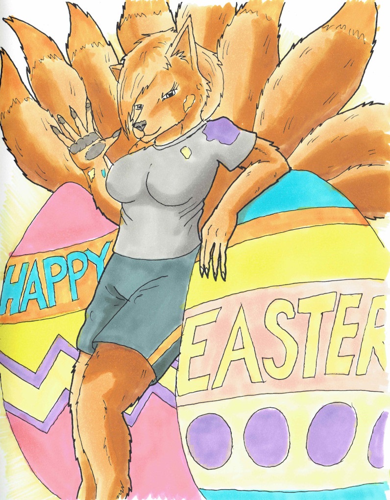 anthro biped female gesture happy holidays painted_eggs pokemorph solo waving nyghtmar3 easter nintendo pokemon simone_(nyghtmar3) canid canine fox generation_1_pokemon mammal ninetales pokemon_(species) portrait three-quarter_portrait traditional_media_(artwork)