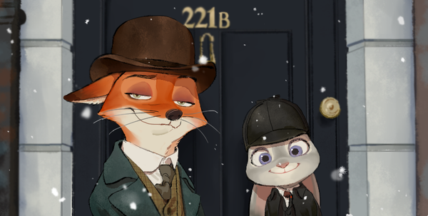 anthro black_nose bowler_hat clothed clothing day door duo female front_view fur green_eyes grey_body grey_fur hat headgear headwear long_ears looking_at_viewer male necktie orange_body orange_fur outside pink_nose purple_eyes shirt smile snow snowing topwear whiskers wjdgns_12 disney zootopia judy_hopps nick_wilde sherlock_holmes canid canine fox lagomorph leporid mammal rabbit red_fox true_fox 2017