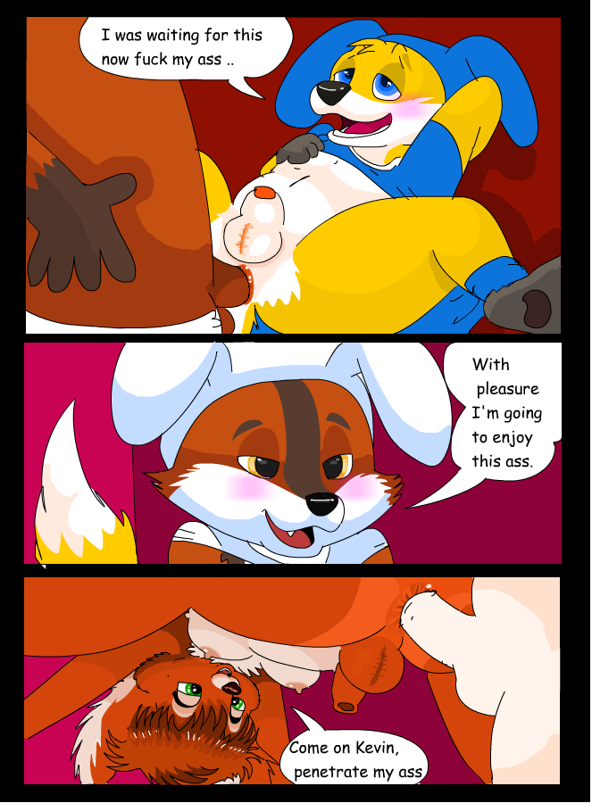 anthro dialogue group male text arineu_(artist) boys_taken arineu_(character) kevin_snowpaw canid canine canis domestic_dog fox lagomorph leporid mammal rabbit comic english_text