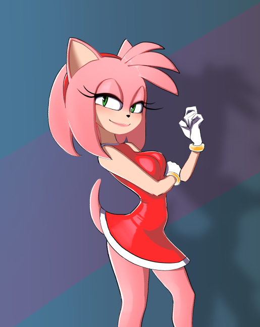 accessory anthro bedroom_eyes blush bracelet clothing dress female gloves green_eyes hair_accessory hairband handwear jewelry lipstick makeup narrowed_eyes pink_body sassy seductive shadow smile solo tail heyitsvellie sega sonic_the_hedgehog_(series) amy_rose eulipotyphlan hedgehog mammal