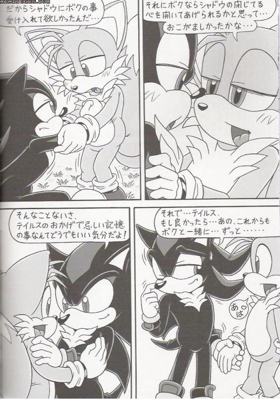 anthro dialogue duo eye_contact grass half-closed_eyes looking_at_another male male/male multi_tail narrowed_eyes one_eye_closed open_mouth plant romantic romantic_couple standing tail text tongue wink karate_akabon furry_bomb sega sonic_the_hedgehog_(series) miles_prower shadow_the_hedgehog canid canine eulipotyphlan fox hedgehog mammal comic greyscale japanese_text monochrome translated