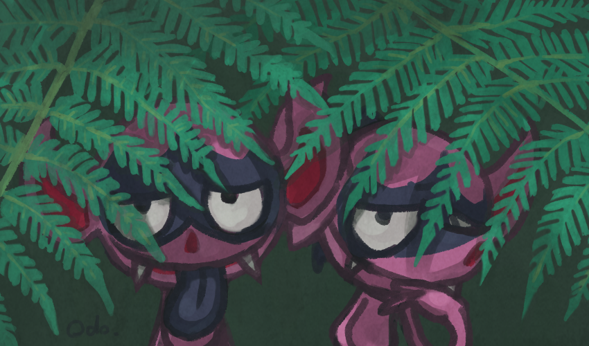 duo fangs fern green_background hand_on_face humanoid_pointy_ears leaf looking_at_viewer male pink_body pink_skin pointy_ears simple_background teeth tongue tongue_out odo_7ta nintendo pokemon generation_8_pokemon imp impidimp pokemon_(species) 2019