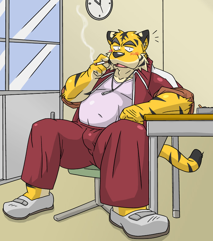 anthro belly bottomwear bulge cigarette clothing humanoid_hands kemono male overweight overweight_anthro overweight_male pants shirt sitting smoke smoking solo topwear oogamikennta felid mammal pantherine tiger 2009