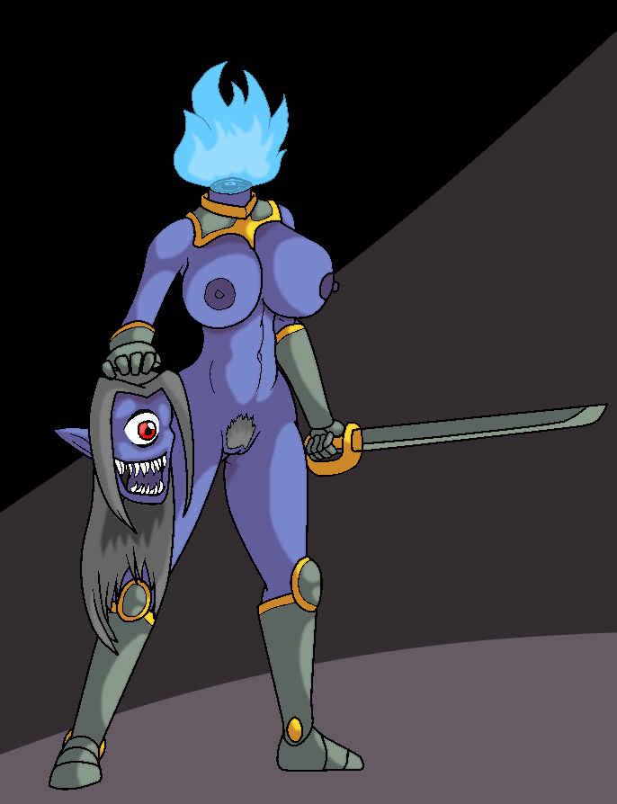 armor big_breasts breasts detachable detachable_head female fire flaming_neck genitals grey_hair hair headless melee_weapon nipples not_furry pubes pussy solo sword weapon fourssss european_mythology irish_mythology mythology cyclops dullahan undead