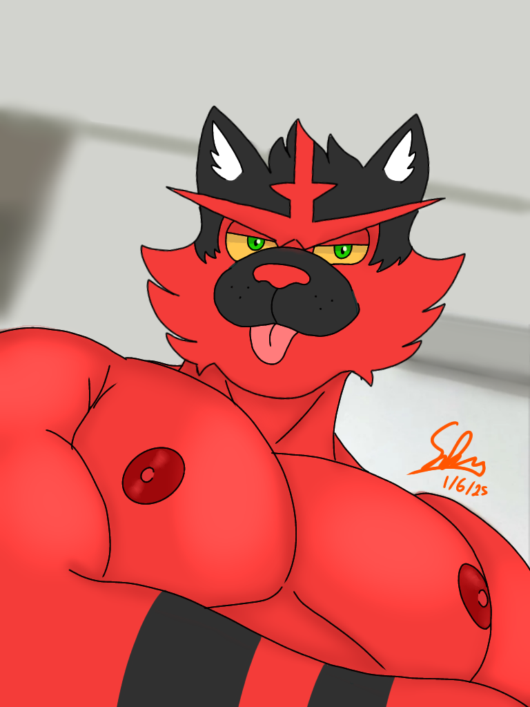 anthro barazoku male muscular nipples pecs solo tongue tongue_out saddragon16_(artist) nintendo pokemon generation_7_pokemon incineroar pokemon_(species) 3:4