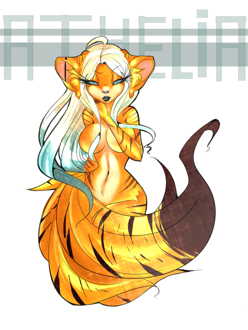 anthro badge big_breasts blue_eyes breasts female hair long_hair nude solo ere-yandara athelia_kittypaws felid mammal pantherine tiger