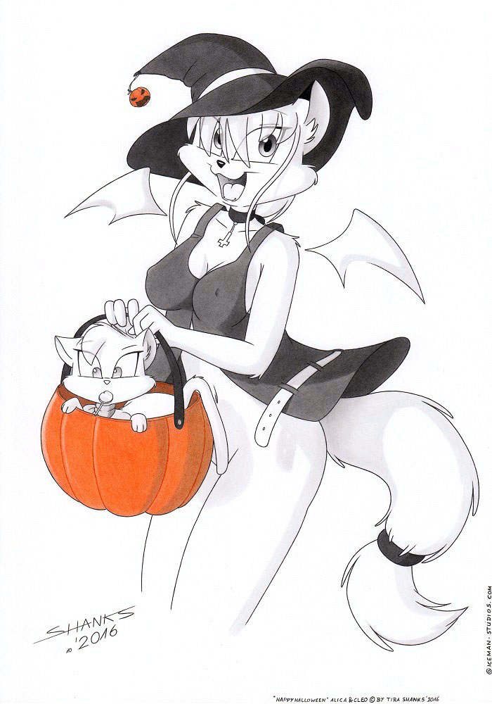 alica anthro bottomless clothed clothing convenient_censorship cosplay costume duo female feral food fruit holidays humor magic_user no_underwear plant pumpkin wings witch tirashanks_(artist) halloween cleo canid canine domestic_cat felid feline felis fox mammal