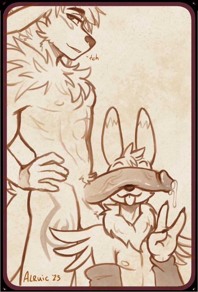 anthro anthro_on_anthro arm_tuft arm_warmers arm_warmers_only armwear armwear_only balls big_balls big_penis bodily_fluids chest_tuft clothing cum duo ears_down ears_up eyebrows fluffy fluffy_pubes fluffy_tail genital_fluids genitals gesture hand_gesture head_tuft humanoid_genitalia humanoid_penis kneeling kneeling_on_ground leaking_cum leaking_penis looking_at_viewer male male/male markings mostly_nude muscular muscular_anthro muscular_male neck_tuft penis penis_covering_eyes pivoted_ears raised_eyebrows shoulder_tuft sideways smile smirk standing tail tongue tongue_out tuft v_sign vein veiny_penis alruic bandai_namco digimon kalen_digitalis koda_the_renamon digimon_(species) renamon father_(lore) father_and_child_(lore) father_and_son_(lore) incest_(lore) parent_(lore) parent_and_child_(lore) parent_and_son_(lore) son_(lore)