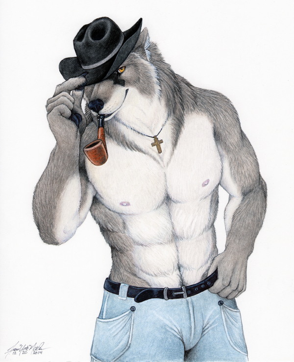 abs anthro belt claws crucifix jewelry looking_at_viewer male muscular necklace pawpads shirtless smile smoking_pipe solo tipping_hat yote_(artist) canid canine canis coyote mammal wolf 2014