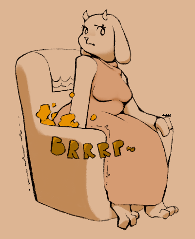 2_horns anthro black_eyebrows breasts chair clothing dress eyebrows eyelashes fart fart_cloud farting_on_chair female floppy_ears furniture horn side_look simple_background sitting solo tan_background text jubb undertale undertale_(series) toriel bovid caprine goat mammal 2021 artist_name low_res