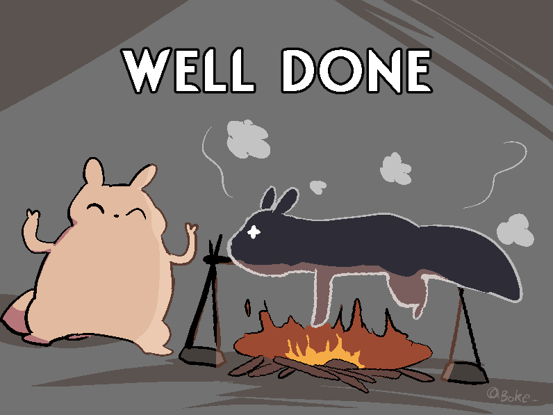2_fingers ^_^ ambiguous_gender anthro biped black_nose campfire cooking cooking_with_furs corpse cross_pupils death duo eyes_closed fingers happy humor light mouthless raised_arms roasting_spit semi-anthro simple_background smile smoke standing tail text white_eyes boke_(artist) rain_world videocult gourmand_(rain_world) watcher_(rain_world) slugcat 2025 4:3 aliasing digital_media_(artwork) widescreen