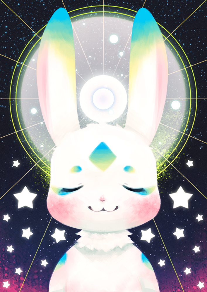 abstract_background ambiguous_gender anthro celestial_star_polygon cosmic_background eyes_closed fur smile solo star starry_background starscape white_body white_fur kane780302 lagomorph leporid mammal rabbit