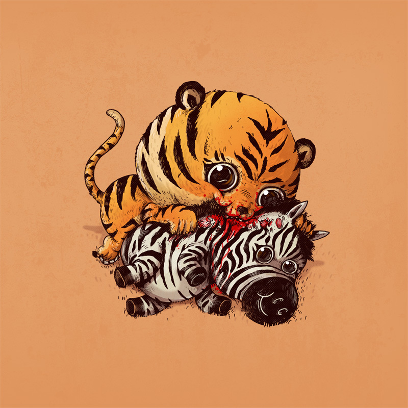 ambiguous_gender blood bodily_fluids chibi duo eating feral gore stripes what alex_solis equid equine felid mammal pantherine tiger zebra 1:1