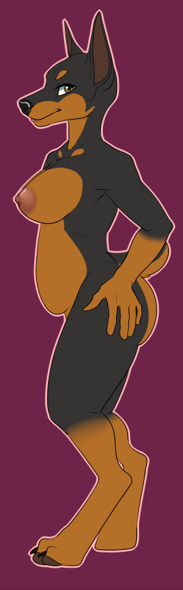 anthro belly big_butt breasts butt female hands_on_hips looking_at_viewer nipples nude side_view simple_background slightly_chubby smile solo standing pregoo brooke_(gbg) canid canine canis dobermann domestic_dog mammal pinscher