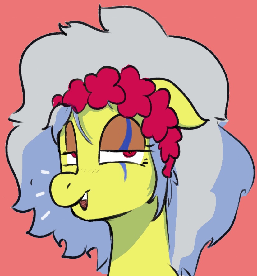 female feral flower flower_crown grey_hair hair half-closed_eyes looking_at_viewer narrowed_eyes open_mouth open_smile pivoted_ears plant red_background red_eyes simple_background smile snout solo three-quarter_view vivvyvonveri yellow_body hasbro my_little_pony fan_character equid equine horse mammal pony cel_shading digital_drawing_(artwork) digital_media_(artwork) headshot_portrait portrait shaded