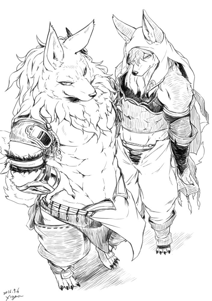 abs anthro bare_chest claws clothed clothing duo eyeshadow fur grin hood looking_at_viewer makeup male muscular smile standing xigma wander_crown nadar_(wander_crown) shubar_(wander_crown) canid canine mammal 2016 greyscale monochrome traditional_media_(artwork) brother_(lore) brothers_(lore) sibling_(lore)