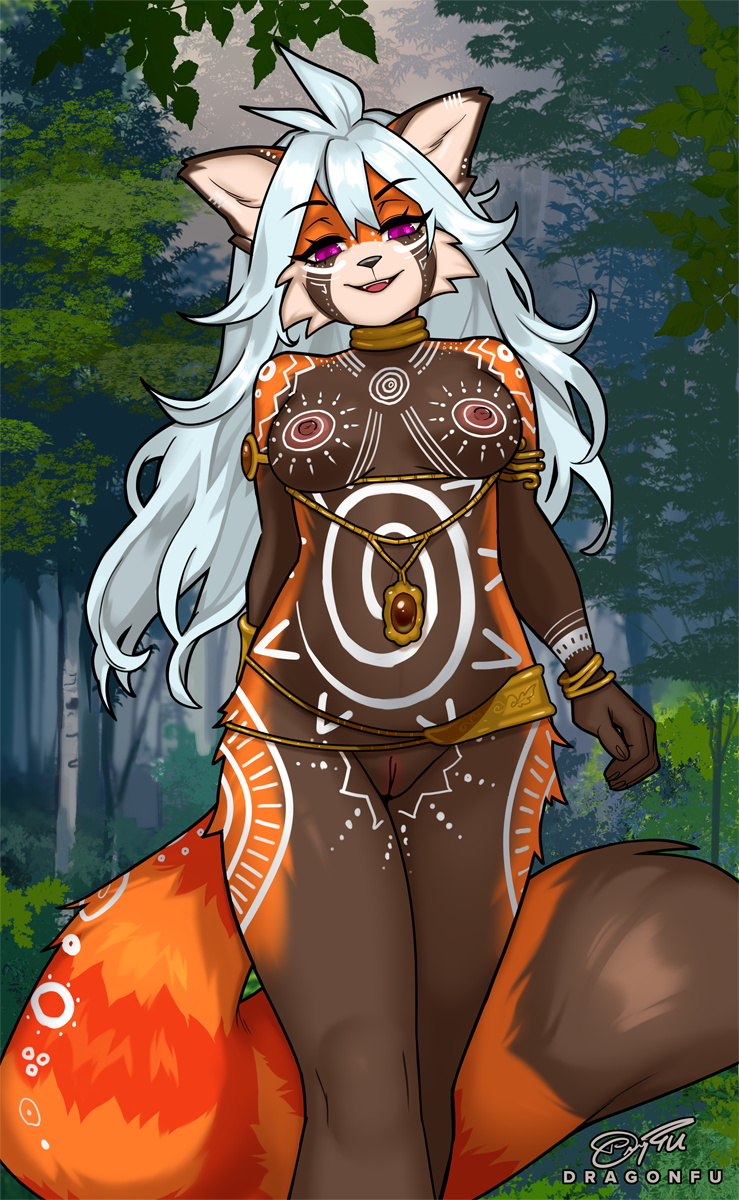 anthro areola bangs biped black_eyebrows black_nose blue_hair bodypaint bracelet breasts brown_body brown_fur brown_markings brown_tail_tip collar countershade_face countershade_fur countershading dipstick_tail eyebrow_through_hair eyebrows female female_anthro fingers forest front_view fur genitals gold_(metal) gold_bracelet gold_collar gold_jewelry grey_hair hair humanoid_genitalia humanoid_hands humanoid_pussy jewelry jewelry_only long_hair long_tail looking_at_viewer markings medium_breasts metal_collar monotone_hair multicolored_body multicolored_fur nipples nude nude_anthro nude_female open_mouth open_smile orange_body orange_fur orange_markings orange_stripes outside plant pose pupils purple_areola purple_eyes purple_nipples purple_pupils pussy red_markings red_stripes ring_(marking) ringed_tail smile smiling_at_viewer solo striped_markings striped_tail stripes tail tail_markings teeth translucent translucent_hair tree tribal white_body white_countershading white_fur white_inner_ear white_sclera dragonfu rel_(nitramhu) ailurid mammal red_panda 2025 hi_res pinup portrait three-quarter_portrait