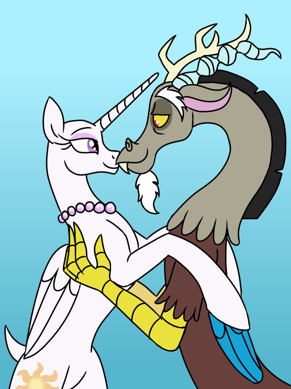 bald cutie_mark duo eyeliner eyeshadow female feral gem horn hug husband_and_wife jewelry makeup male male/female married_couple mascara necklace pearl_(gem) pearl_necklace shaved_head shaved_tail smile spyroforlife wings friendship_is_magic hasbro my_little_pony mythology discord_(mlp) princess_celestia_(mlp) chimera draconequus equid equine horse mammal mythological_creature mythological_equine pony winged_unicorn 3:4 story story_in_description