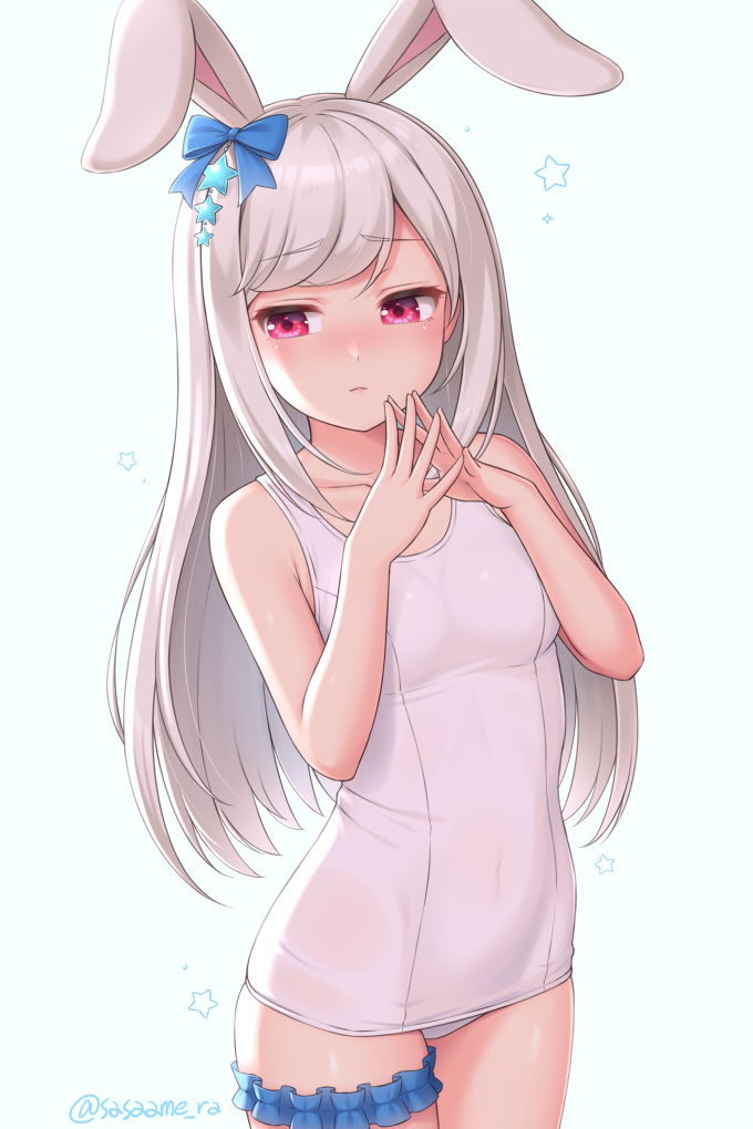 accessory breasts clothed clothing female garter grey_hair hair one-piece_swimsuit pink_eyes solo swimwear sand-rain animal_humanoid humanoid lagomorph lagomorph_humanoid leporid_humanoid mammal mammal_humanoid rabbit_humanoid 2021 2:3