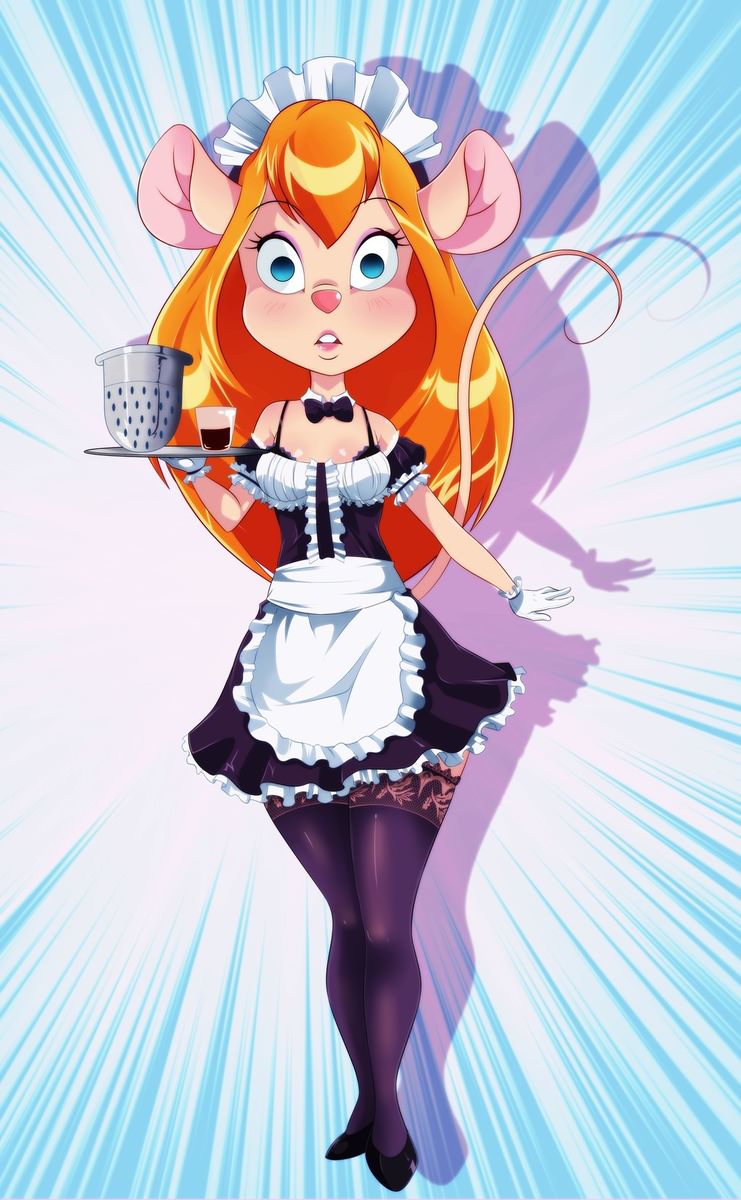 anthro apron blue_eyes clothing empty_eyes eyebrows eyelashes female gloves hair handwear legwear long_hair maid_uniform mind_control orange_hair solo stockings thigh_highs thimble tray uniform erohd chip_'n_dale_rescue_rangers disney gadget_hackwrench mammal mouse murid murine rodent hi_res