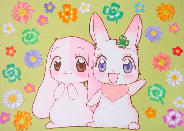 :3 anthro blush brown_eyes chest_tuft clover_(plant) duo eyebrows eyelashes female flower fur gesture heart_symbol japanese long_ears looking_at_viewer open_mouth pink_body pink_fur plant purple_eyes shamrock short_fur tuft waving white_body white_fur yokki_(pixiv) happy_happy_clover pixiv sayuri_tatsuyama clover_(happy_happy_clover) mallow_(happy_happy_clover) domestic_rabbit lagomorph leporid lop_rabbit mammal oryctolagus rabbit