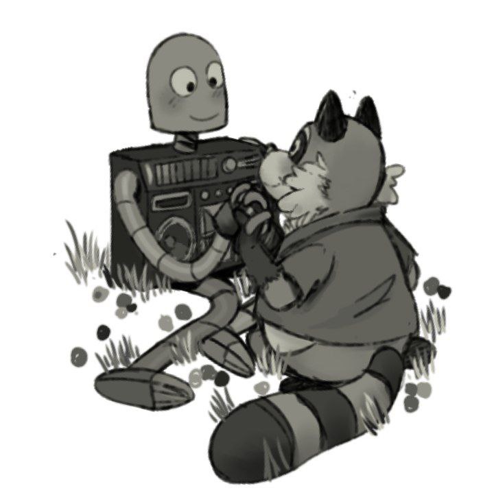 anthro biped blush clothing duo hand_holding machine male shirt sitting slightly_chubby topwear hxboox03 robot_dreams rascal_(robot_dreams) robot_(robot_dreams) mammal procyonid raccoon robot 2024