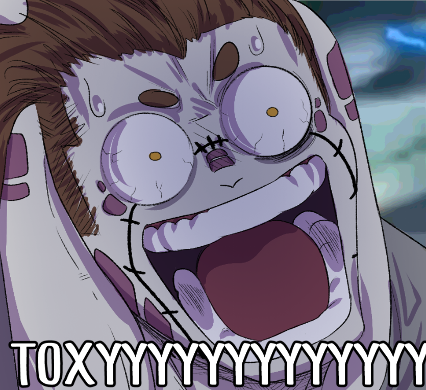 bodily_fluids brown_hair circle_eyebrows eyebrows fur grey_body grey_fur grey_skin hair huge_mouth humor iris joke open_mouth screaming shitpost sweat yelling yellow_eyes toxy_squishy one_piece meme redraw