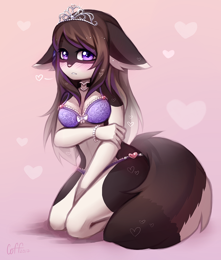 anthro biped blush bra bracelet breasts brown_hair cleavage clothed clothing covering covering_crotch covering_self crown eyelashes female fluffy fluffy_tail gradient_hair hair headgear heart_symbol jewelry kneeling long_hair looking_at_viewer midriff panties purple_eyes solo tail tiara underwear coff canid canine mammal