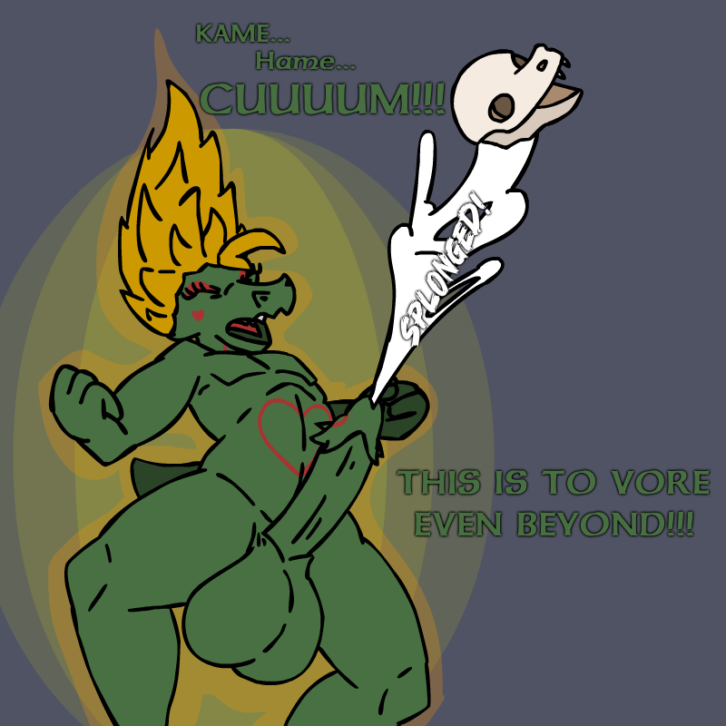 anthro bodily_fluids bone bones_in_cum cock_vore cum cum_vore cumshot digestion ejaculation fatal_vore fists_clenched genital_fluids genitals levitating levitation magic magic_user male penile penis pose powering_up screaming skull solo super_saiyan vore kakroon lizard reptile scalie